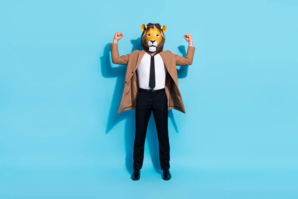 Full längd foto av chefen kille lejon mask visar muskulös kraftfull kropp tema händelse isolerad över blå färg bakgrund — Stockfoto