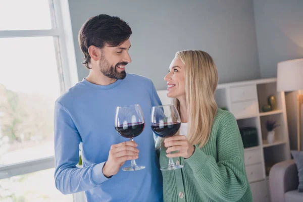 Retrato de duas pessoas alegres cuidadosas atraentes que apreciam o dia de folga bebendo vinho parabenizando férias em casa dentro de casa — Fotografia de Stock