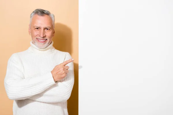 Portrait of attractive cheerful grey-haired man demonstrating copy space ad info isolated over beige pastel color background — Stock Photo, Image