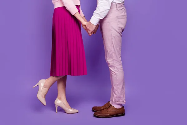 Retrato de perfil cortado de duas almas gêmeas segurar as mãos isoladas no fundo cor violeta pastel — Fotografia de Stock