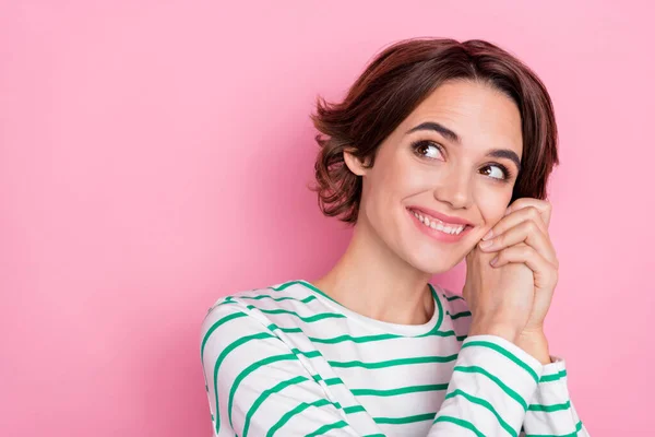 Portrait of attractive sweet tender cheerful girlish amazed girl thinking copy space isolated over pink pastel color background — Stock Photo, Image