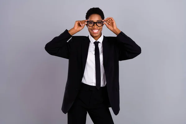 Photo of young cheerful man woman eyewear oculist medicine smart isolated over grey color background — Stock Photo, Image