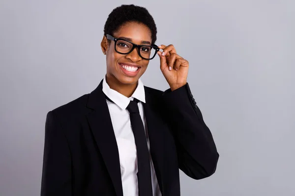 Photo of young attractive handsome girl guy wear specs vision ophthalmology boss isolated over grey color background — Stock Photo, Image