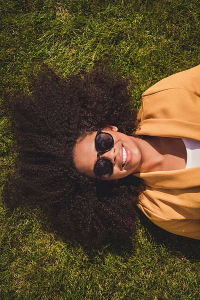 Verticale top boven hoge hoek uitzicht portret van aantrekkelijke vrolijke meisje liggend op gras genieten van goed weer tijdverdrijf buiten — Stockfoto