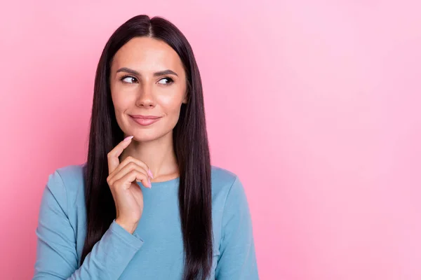 Foto Mujer Joven Bastante Reflexivo Usar Azul Camisa Dedo Barbilla — Foto de Stock