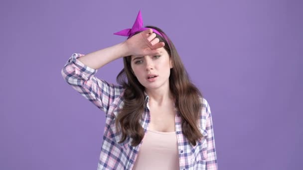 Lady have headache sneeze suffer influenza isolated bright color background — Stock Video