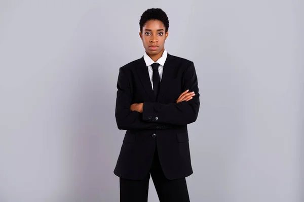 Photo of young man woman chief leader folded hands smart wear tuxedo isolated over grey color background — Stock Photo, Image
