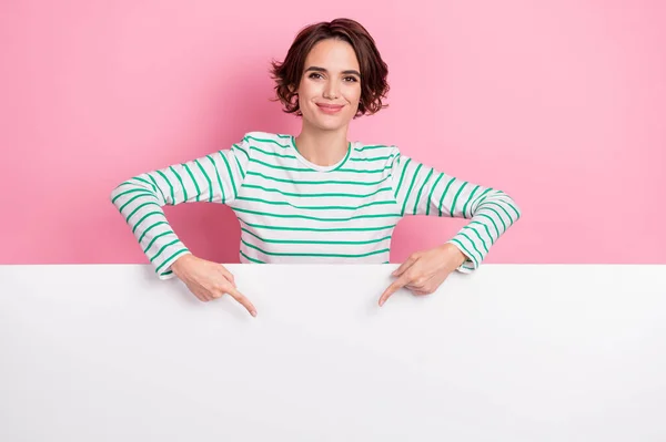 Portrait of attractive cheery girl demonstrating large big copy space poster advert ad offer isolated over pink pastel color background — Stock Photo, Image