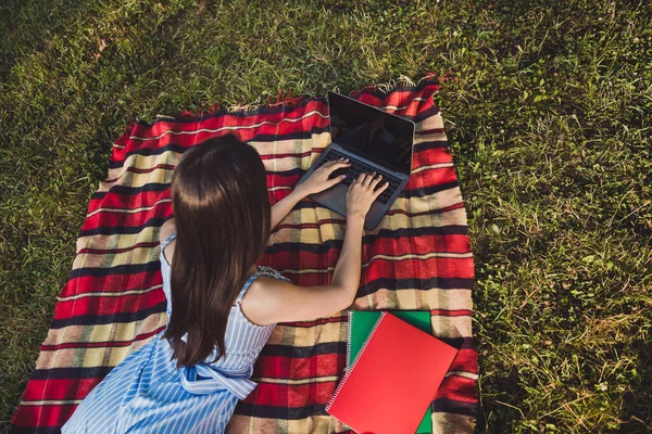 Tył tyłu za widok portret atrakcyjnej wykwalifikowanej dziewczyny leżącej na okładce za pomocą laptopa pisania esej czatujący na świeżym powietrzu na zewnątrz — Zdjęcie stockowe