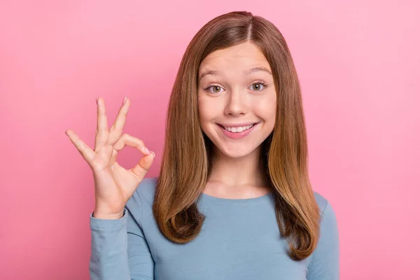 Porträtt av attraktiv rolig glad brunhårig flicka visar ok-tecken annons isolerad över rosa pastell färg bakgrund — Stockfoto