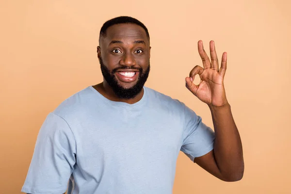 Portret van aantrekkelijke vrolijke man tonen ok-teken advertentie ad deal gedaan geïsoleerd over beige pastel kleur achtergrond — Stockfoto