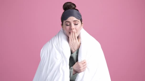 Lady covered fresh blanket enjoy morning isolated pastel color background — Stock Video