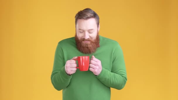 Guy känner kyla dryck varm aromatisk latte isolerad glans färg bakgrund — Stockvideo
