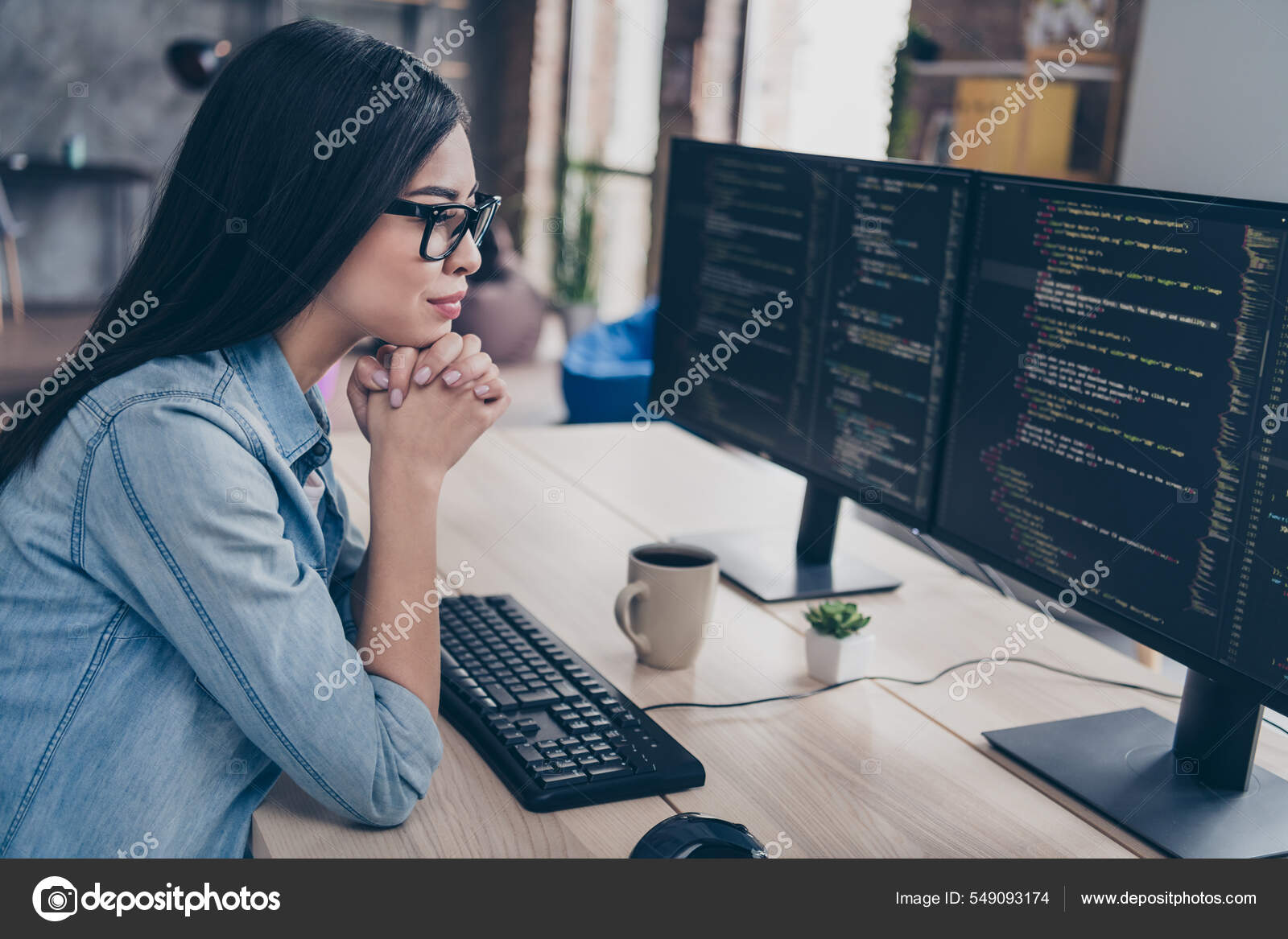 Profile side view portrait of attractive focused girl geek research ...