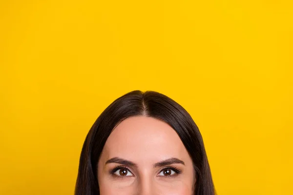 Gesneden foto van jonge mooie vrouw look adverteren promotie aanbod geïsoleerd over gele kleur achtergrond — Stockfoto