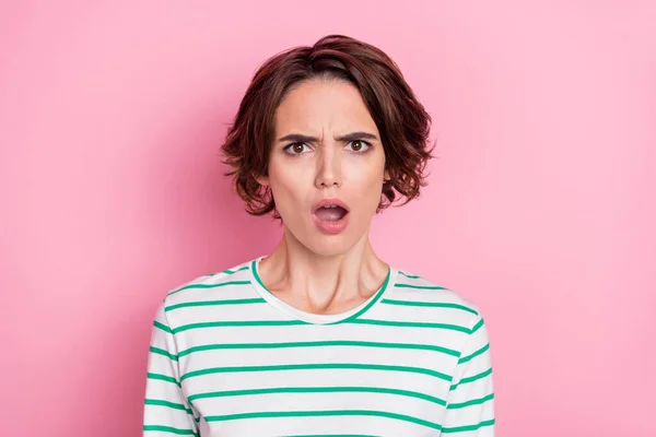 Portrait of attractive worried brunette girl sudden bad news reaction isolated over pink pastel color background — Stock Photo, Image