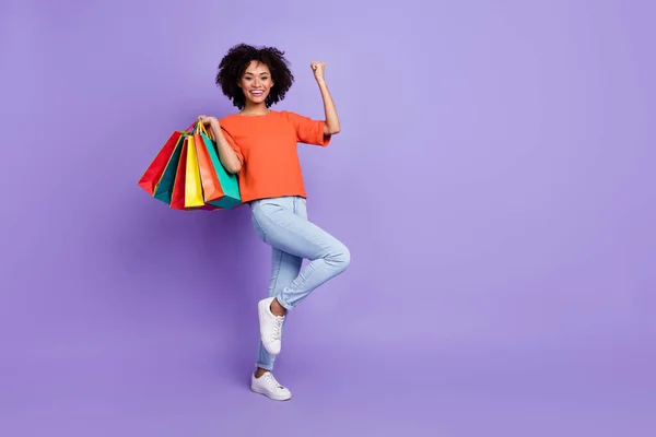 Full size photo of shopaholic smiling girl raise fists in victory triumph love big sales isolated on violet color background — ストック写真