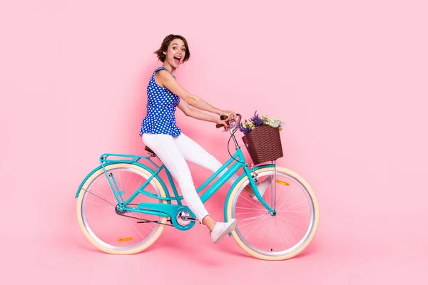 Ganzes Profilfoto von beeindruckt millennial lady ride Fahrrad tragen Bluse Hose Turnschuhe isoliert auf rosa Hintergrund — Stockfoto