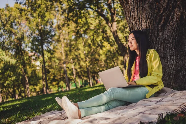 Портрет привлекательной веселой мечтательной девушки, сидящей на обложке, разговаривающей на ноутбуке, отдыхающей в выходные на свежем воздухе — стоковое фото