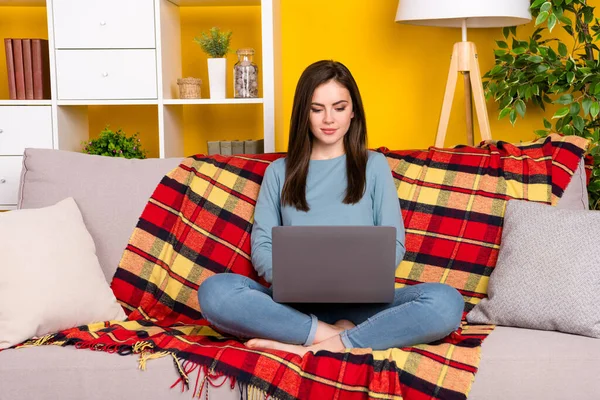 Plná délka portrét klidné bosý člověk sedět pohovka použití bezdrátové netbook izolované na žluté barvy pozadí — Stock fotografie