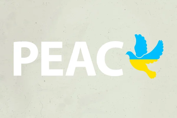 Ilustrace slova mír s ukrajinské žluté modré vlajky barvy holubice obrázek symbolizující mír země Ukrajina bez války izolované grunge pozadí — Stock fotografie