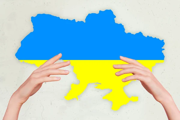Conceptual map of Urkainian state borders including donbass and crimea geographic historical map of Ukraine protected by female male arms people bravery