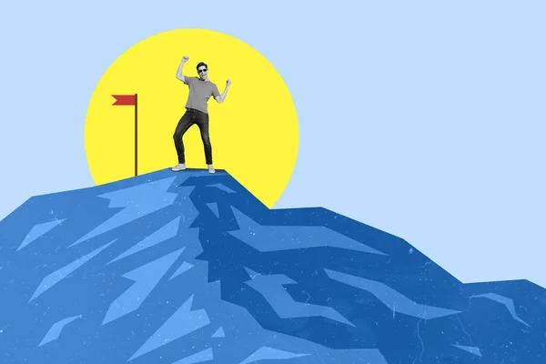 Flat style illustration of man on the mountain peak near flag big yellow sun rise drawing on background guy celebrating winning reached top — Stock Photo, Image