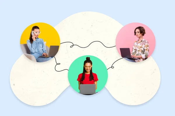 Picture collage diverse freelancer zakelijke vrouwen met behulp van webcam pc bekijken gemakkelijk handig gebruik van app voor wereldwijde communicatie concept — Stockfoto