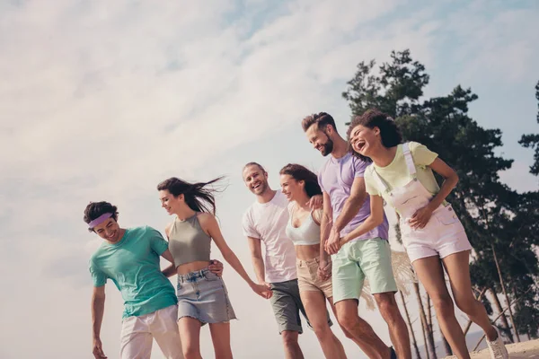 Foto de doce adorável jovem seis amigos usam roupas casuais sorrindo segurando braços andando rindo fora do campo — Fotografia de Stock