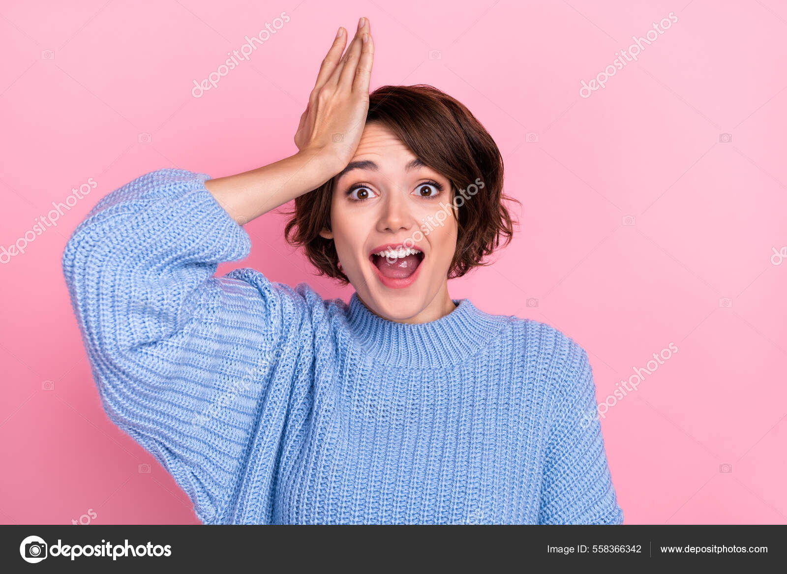 Close-up image of surprised scream girl see big bargain advertisement touch  forehead isolated on pink color background Stock Photo by ©deagreez1  558366342