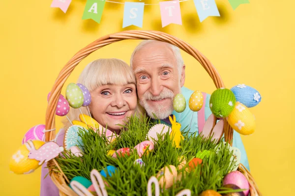 Portret dwóch atrakcyjnych wesołych, zabawnych małżonków z siwymi włosami trzymających pokarmy festalowe na jasnożółtym tle — Zdjęcie stockowe