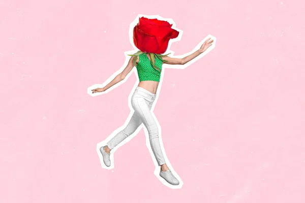 全长照片，年轻女士用玫瑰画体，而不是用头顶移动，跳跃优雅柔和，与流行粉色背景隔离 — 图库照片