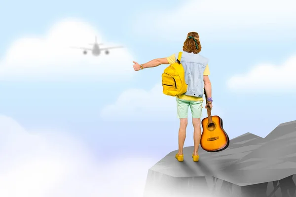 Ilustrace hippy muž stojí vysoké propasti útes vrchol hitchhiking vzduch letadlo budoucnost turistika izolované tvůrčí nebe mraky barevné pozadí — Stock fotografie