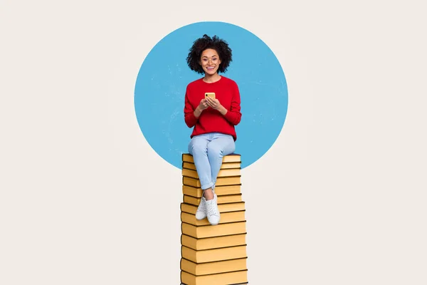 Creative image pop retro style young girl sitting big pile book hold smart phone upload storage data all world knowledge server concept