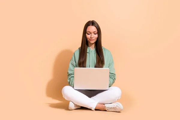 Portret pięknej modnej wesołej, skupionej dziewczyny siedzącej na laptopie piszącej kod odizolowany od beżowego pastelowego tła — Zdjęcie stockowe