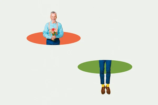 Engraçado namorado idoso escorregando pulando em colofrul círculo pernas aparecem a partir de segunda geometria abstrato figura bizarro fantasia — Fotografia de Stock