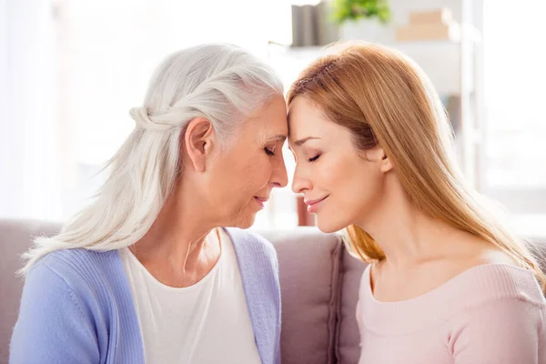 Portrait of two peaceful charming woman sitting sofa closed eyes touch heads house indoors — Stock Photo, Image