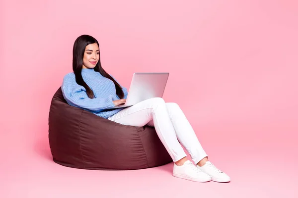 Portrait of attractive cheerful girl sitting using laptop writing email eshop isolated over pink pastel color background — Stock Photo, Image