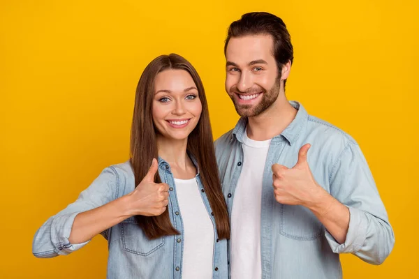 Foto van funky positieve zus broer gekleed denim shirts tonen duimen tot geïsoleerde gele kleur achtergrond — Stockfoto