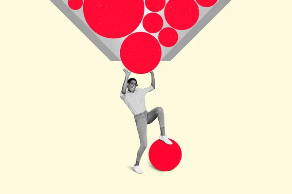Concept de collage créatif de perte d'entreprise femelle gestionnaire masculin essayer attraper rouge rond isolé fond de couleur claire — Photo