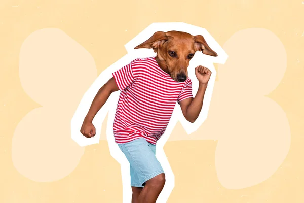 Desenho vintage artístico de cara com cabeça de cachorro correndo rápido isolado no fundo de cor pastel amarelo — Fotografia de Stock
