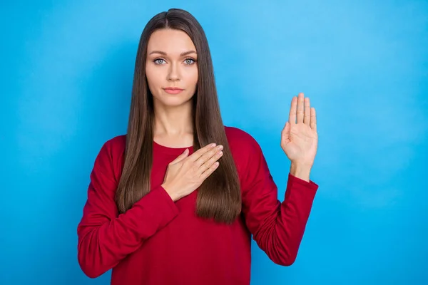 Foto von strengen jungen Dame beten tragen weinroten Hemd isoliert auf blauem Hintergrund — Stockfoto