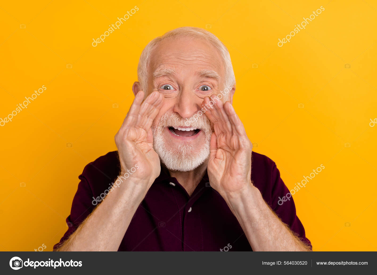 Photo Of Senior Excited Man Arms Near Mouth Yell Information.