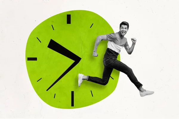 Imagem criativa da pessoa energética esportiva preto branco filtro correr pressa isolado no desenho relógio fundo — Fotografia de Stock