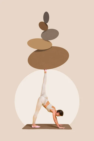 Retrato creativo vertical de la mujer que practica yoga pierna mantener el equilibrio aislado sobre el fondo del dibujo —  Fotos de Stock