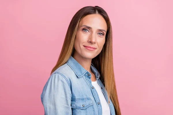 Profile side photo of young lovely woman face lift plastic surgery isolated over pink color background — ストック写真