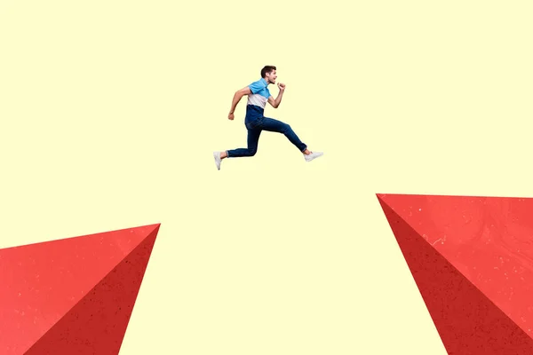 Profile creative picture of person jumping into empty space isolated on illustrated background — ストック写真