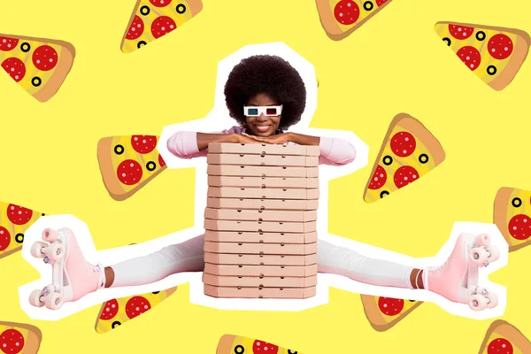 Kreatives Bild der Dame sitzen Stapel Karton Paket Pizza innovatives Lieferkonzept isoliert helle Farbe Hintergrund — Stockfoto