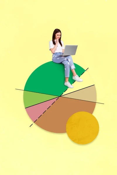 Vertikal kreativ komposit collage av smart dam använda trådlös netbook planering diagram isolerade på gul bakgrund — Stockfoto