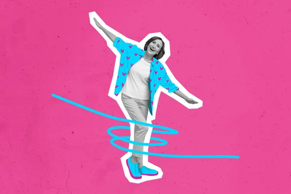 Composite collage illustration of overjoyed carefree aged person dancing isolated on bright pink background — ストック写真